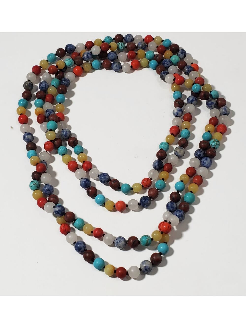 Semiprecious 7mm Gemstone Bead Hand Knotted Flapper Length Necklace 78"